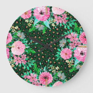 Elegant Leopard Print Pink Floral Green Design Large Clock