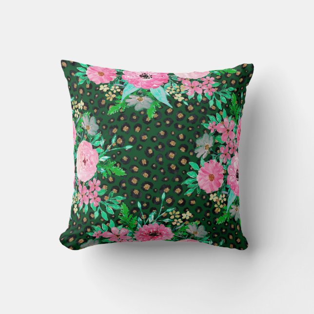 Elegant Leopard Print Pink Floral Green Design Throw Pillow (Front)