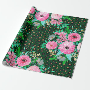 Elegant Leopard Print Pink Floral Green Design Wrapping Paper