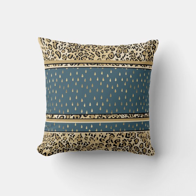 Elegant Leopard Print Skin Blue Teardrops Throw Pillow (Front)
