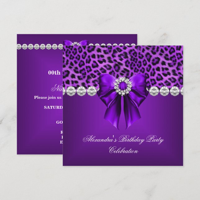 Elegant Leopard Purple Bow Diamonds Birthday Party Invitation (Front/Back)