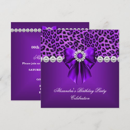 Elegant Leopard Purple Bow Diamonds Birthday Party Invitation