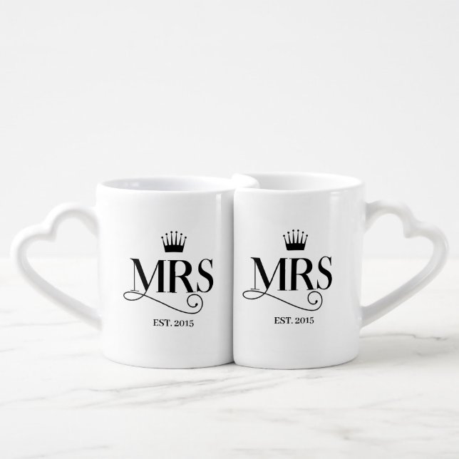 Elegant Lesbian Mrs & Mrs Crown Year Established Coffee Mug Set (Front Nesting)
