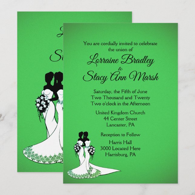 Elegant Lesbian Wedding Invitation Green (Front/Back)