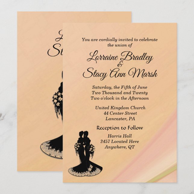 Elegant Lesbian Wedding Peach Invitation (Front/Back)