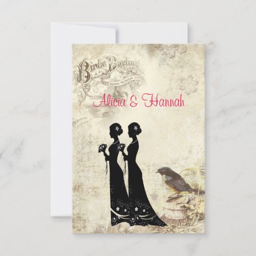 Elegant Lesbian Wedding VIntage Birds RSVP Card