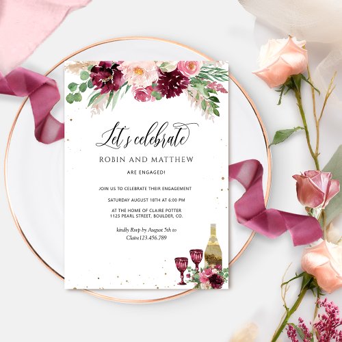 Elegant Lets Celebrate Burgundy Blush Pink Floral Invitation