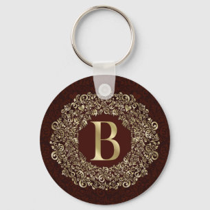 Elegant Letter B gold and Red Damask Monogram  Keychain