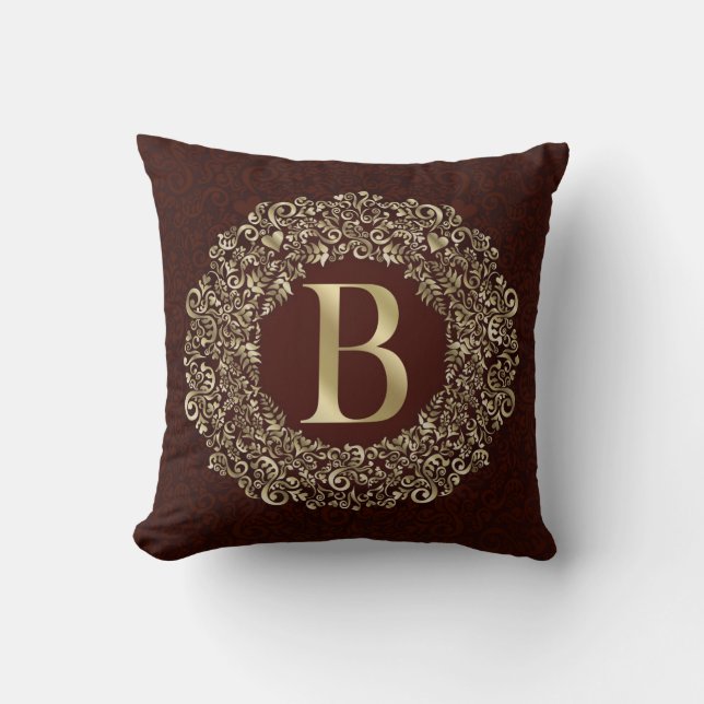 Elegant Letter B gold and Red Damask Monogram  Throw Pillow (Front)