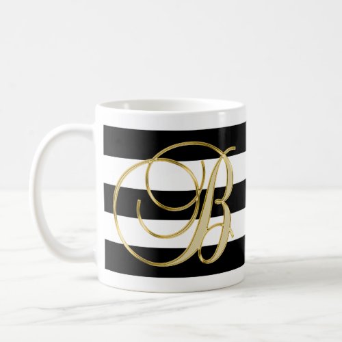 Elegant Letter B Monogram Gold Black White Striped Coffee Mug