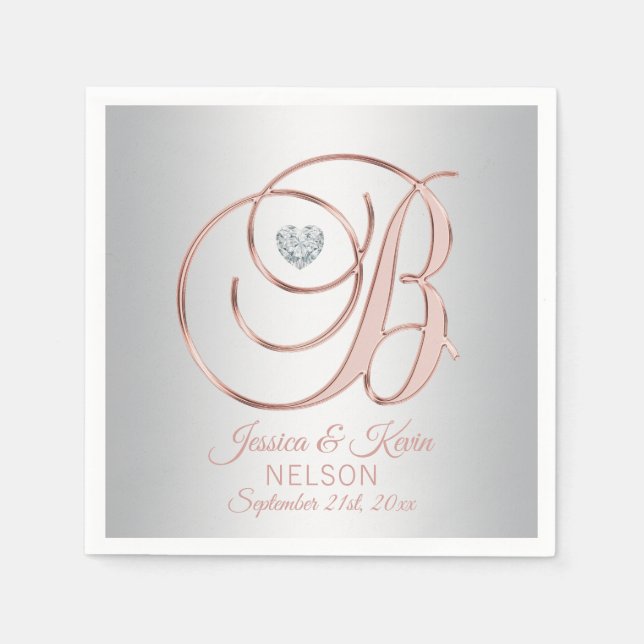 Elegant Letter 'B' Silver Grey Rose Gold Wedding Napkins (Front)