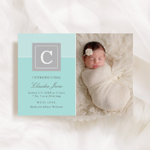 Elegant Letter Block Baby Girl Aqua Blue Birth Announcement