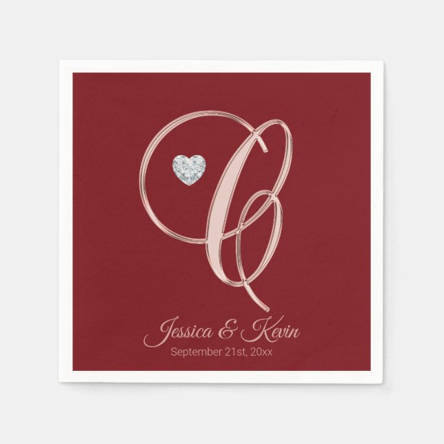 Elegant Letter C Burgundy Rose Gold Wedding Napkins (Front)