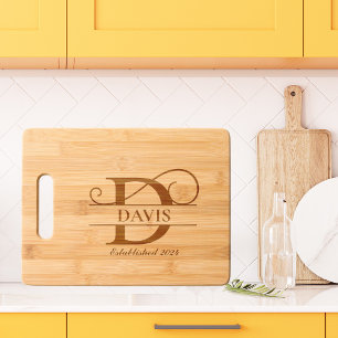 Elegant Letter D Monogram Personalized Family Name Engraved Cutting Board