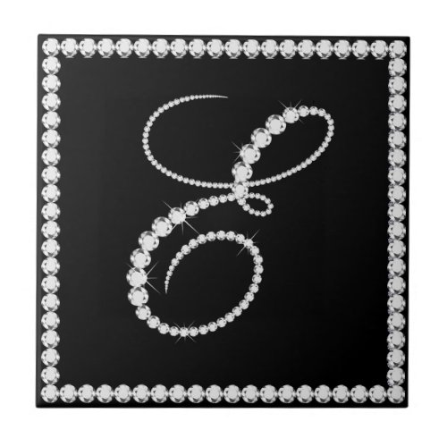 Elegant Letter E Sparkling Diamonds Monogram Ceramic Tile