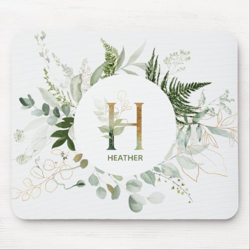 Elegant Letter H Greenery Wreath Mouse Pad