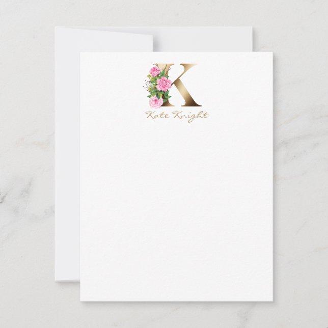 Elegant Letter K Pink Roses Gold Monogram Note Card (Front)