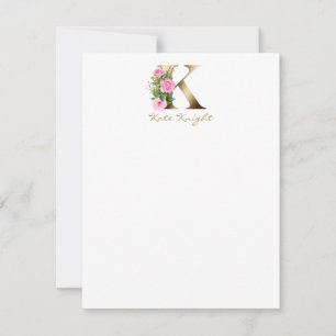 Elegant Letter K Pink Roses Gold Monogram Note Card
