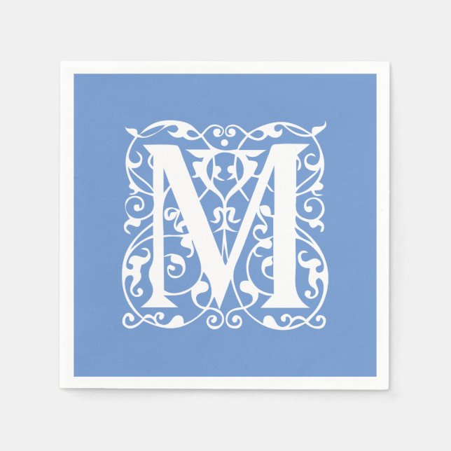 Elegant Letter M Blue and White Classic Monogram Napkins (Front)