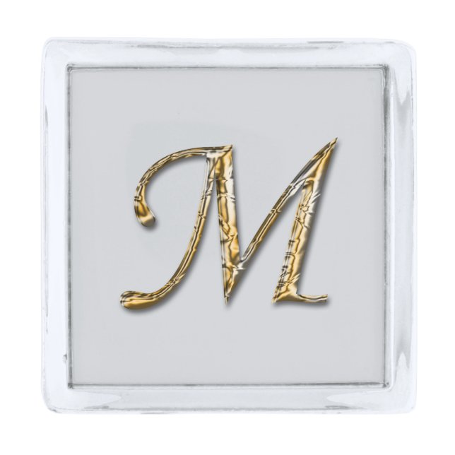 Elegant Letter M Monogram Initial Silver and Gold Finish Lapel Pin (Front)