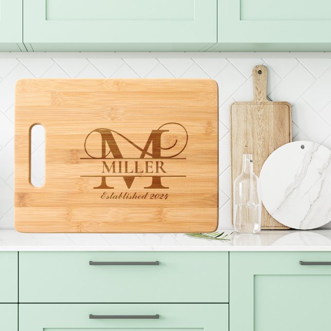 Elegant Letter M Monogram Personalized Family Name Engraved Cutting Board (Creator Uploaded)