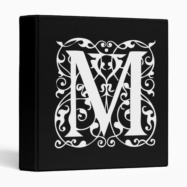 Elegant Letter M White on Black Monogram Binder (Front/Spine)