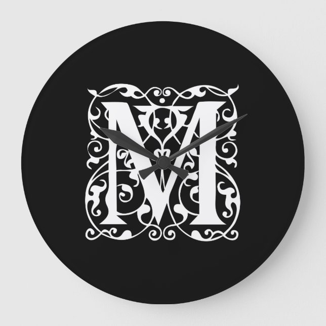 Elegant Letter M White on Black Monogram Large Clock (Front)