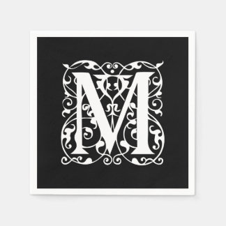 Elegant Letter M White on Black Monogram Napkins