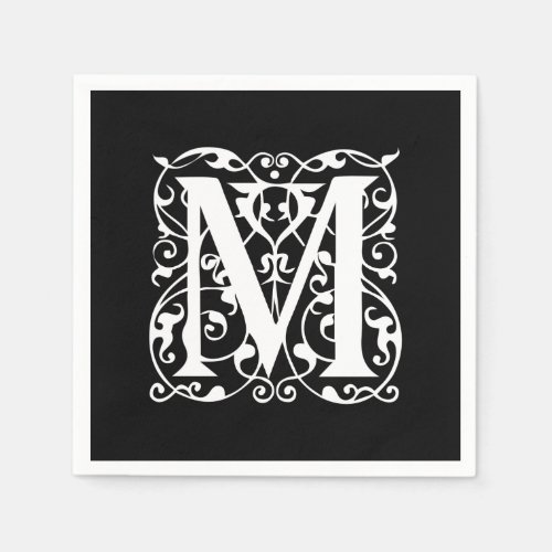 Elegant Letter M White on Black Monogram Napkins