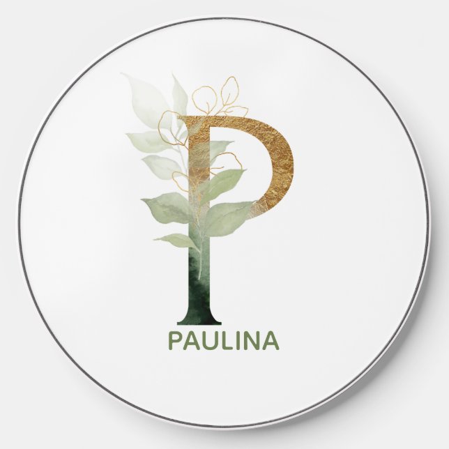Elegant Letter P Green Foliage Wireless Charger (Front)