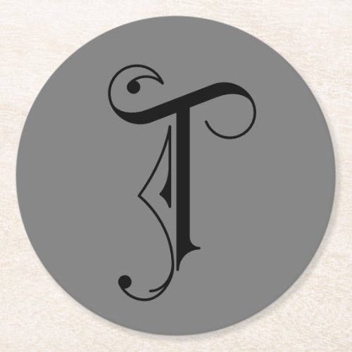 Elegant Letter T Monogram Black on Grey Round Paper Coaster