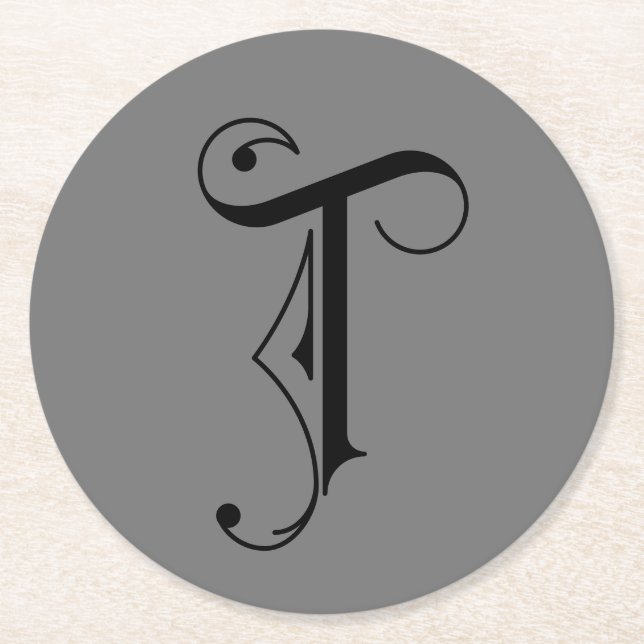 Elegant Letter T Monogram Black on Grey Round Paper Coaster (Front)