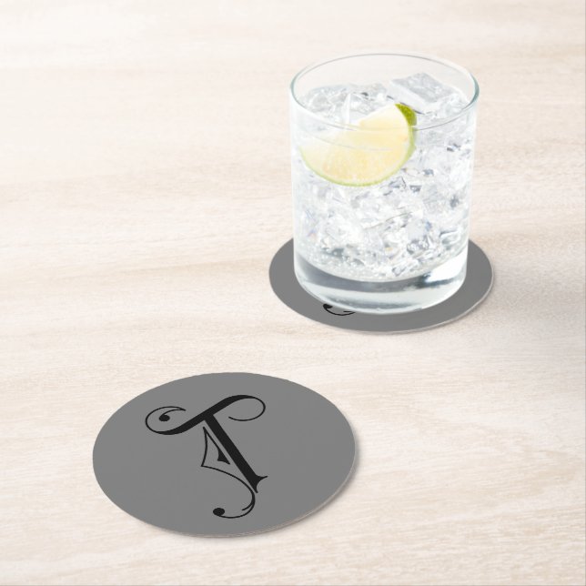 Elegant Letter T Monogram Black on Grey Round Paper Coaster (Insitu)