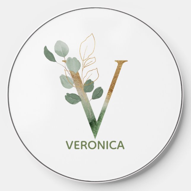 Elegant Letter V Green Foliage Wireless Charger (Front)