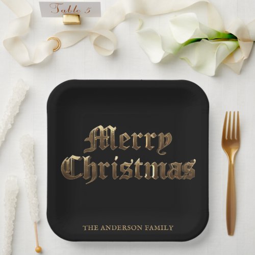 Elegant Lettering Black and Gold Merry Christmas Paper Plates