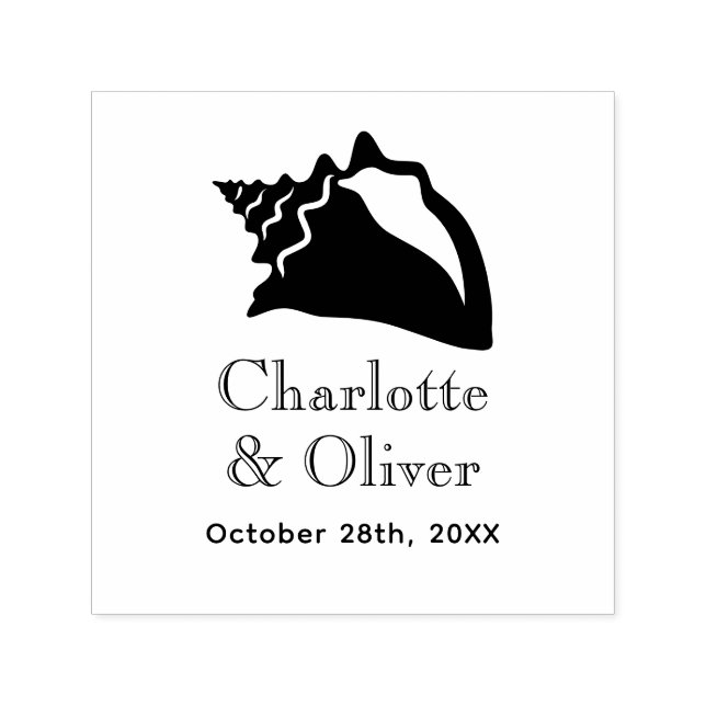 Elegant Lg Conch Seashell Couple Names Date Monogr Self-inking Stamp (Design)