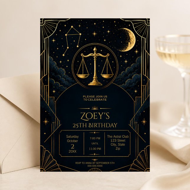 Elegant Libra 25th Birthday Invitation | Black (Elegant Libra 25th birthday invitation with black gold celestial stars and Art Deco details.)