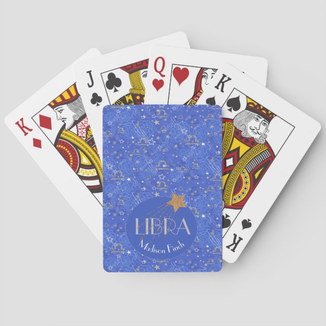 Elegant Libra zodiac blue gold personalized Poker Cards (Back)