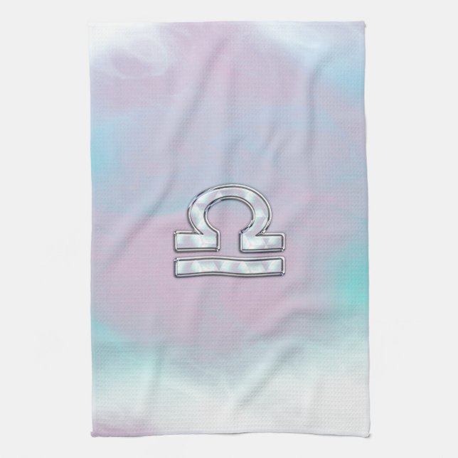 Elegant Libra Zodiac Sign Mother of Pearl Style Kitchen Towel (Vertical)