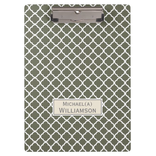 Elegant Lichen Dark Green & White Moroccan Pattern Clipboard (Front)
