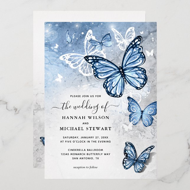 Elegant Light Baby Blue Butterfly Wedding Real Foil Invitation (Front/Back)