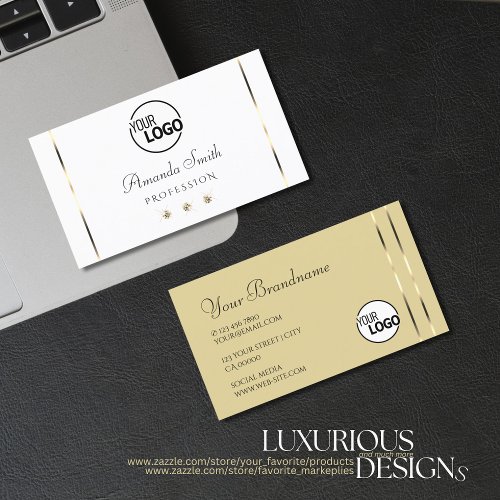 Elegant Light Beige and White Diamonds add Logo Business Card