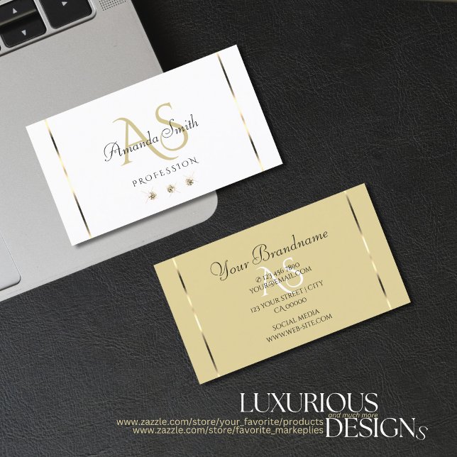 Elegant Light Beige and White Diamonds Initials Business Card (Creator Uploaded)