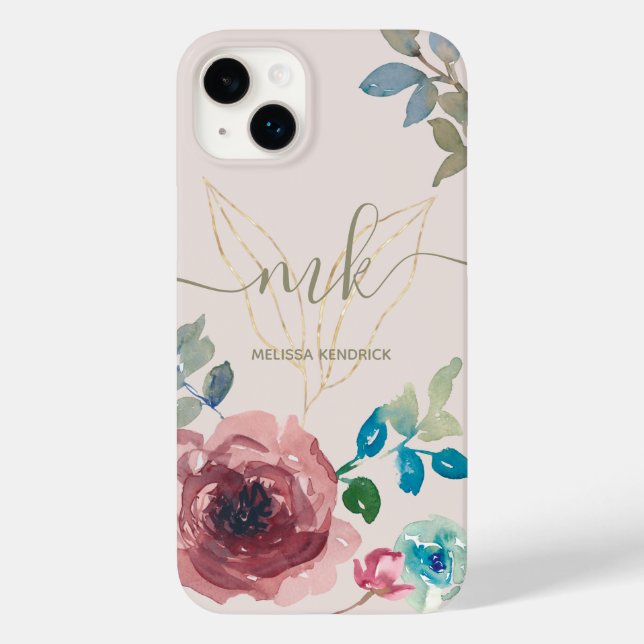 Elegant Light Beige Botanical Roses Monogram Name Case-Mate iPhone Case (Back)