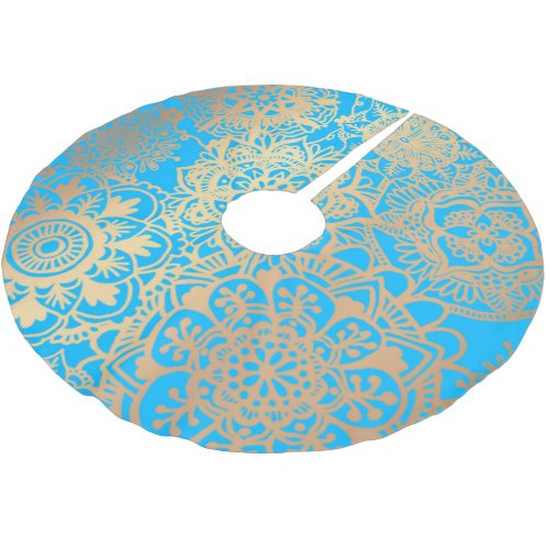 Elegant Light Blue and Gold Mandala Pattern Brushed Polyester Tree Skirt