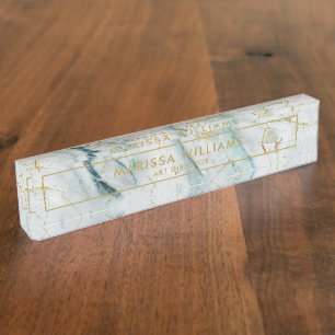 Elegant Light Blue and Gold Marble Texture Desk Name Plate