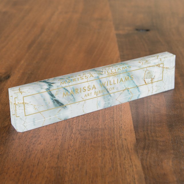 Elegant Light Blue and Gold Marble Texture Desk Name Plate (Side)