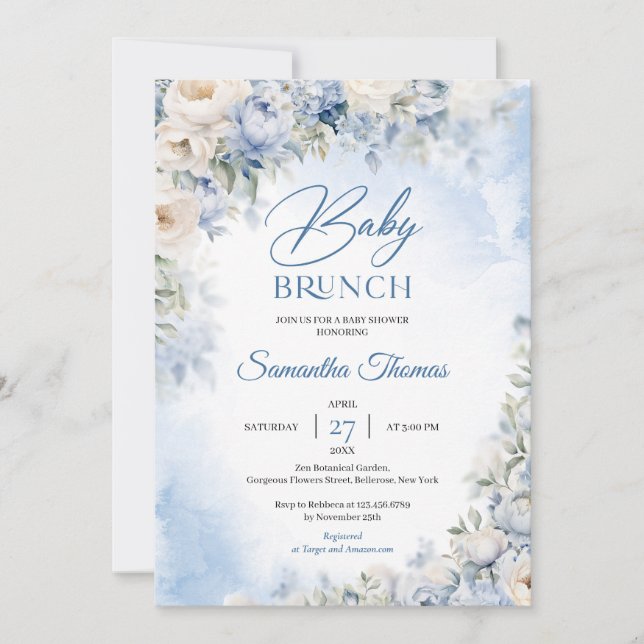Elegant light Blue and white Flowers baby brunch Invitation (Front)