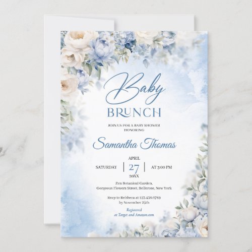 Elegant light Blue and white Flowers baby brunch Invitation