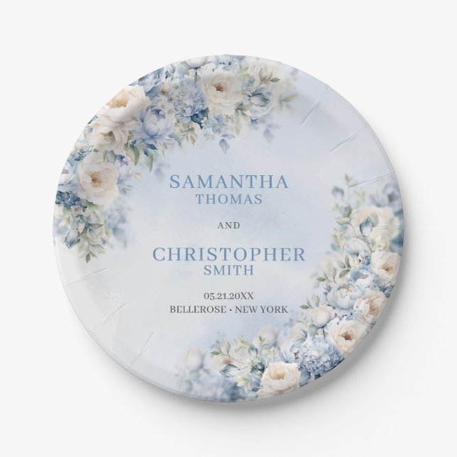 Elegant light Blue and white Flowers eucalyptus Paper Plates (Front)